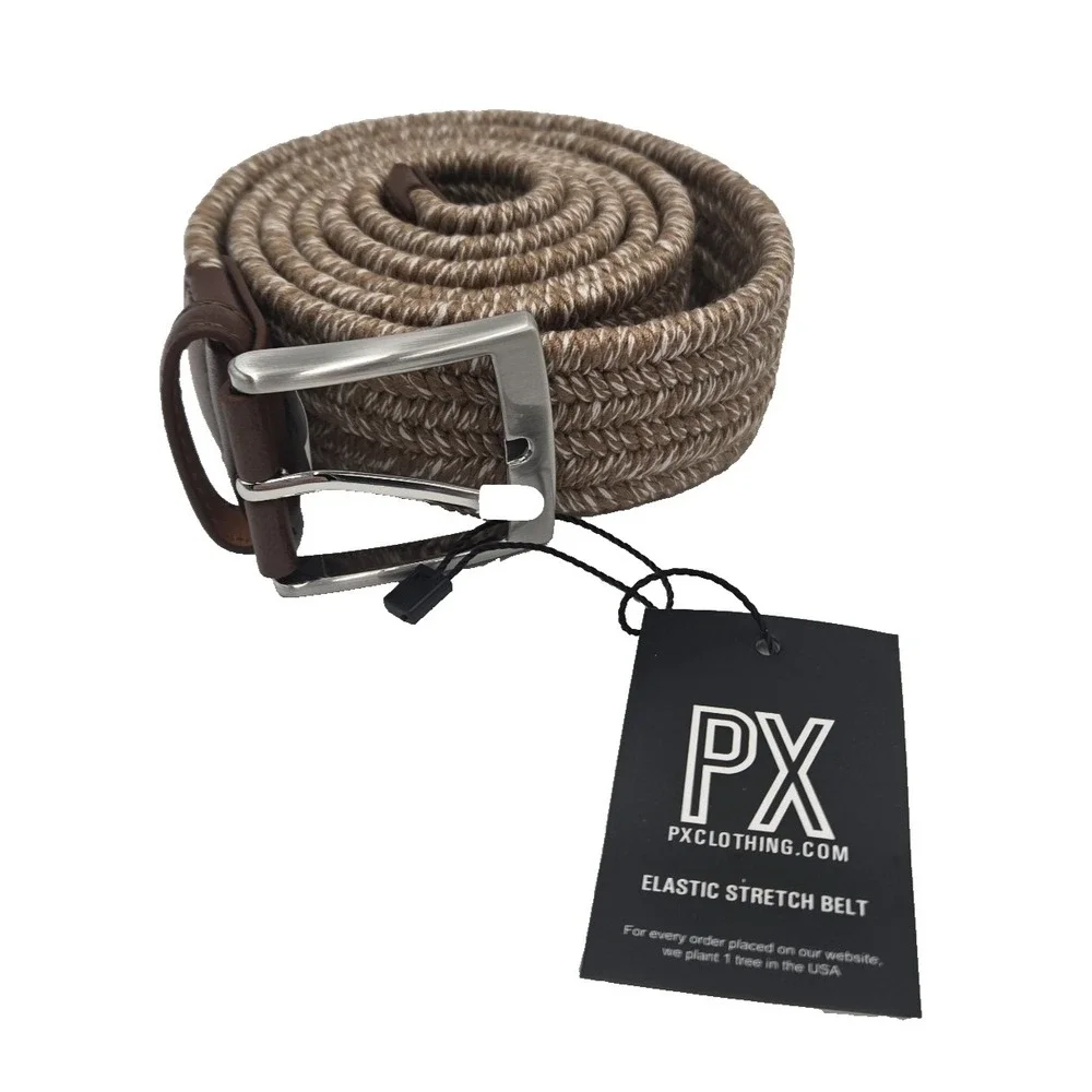 PX CLOTHING Men's 46 Brown Tan Cream Woven‎ Corded Thick Belt Adj (no holes)